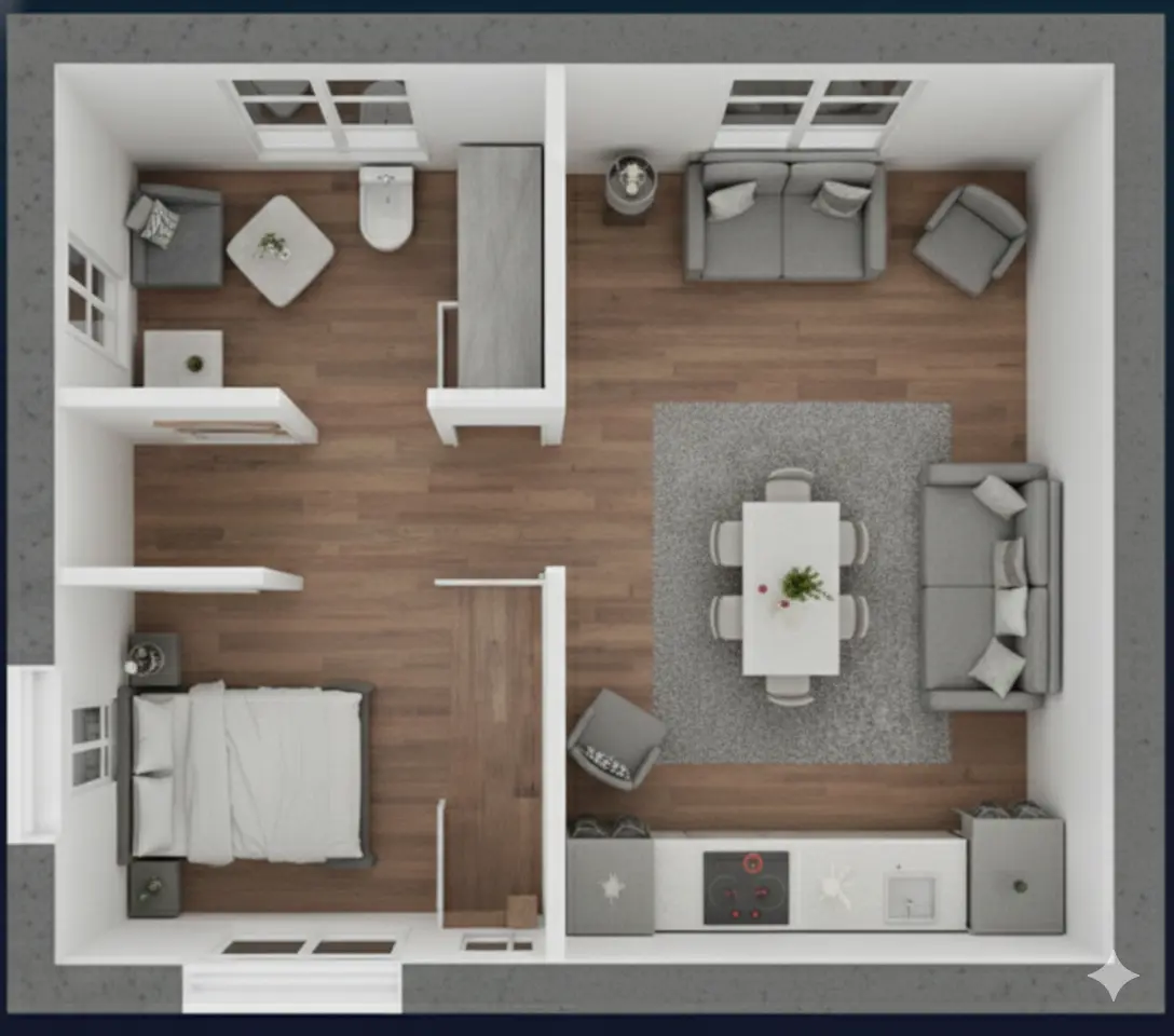 Furnished home viewed from above in 3D